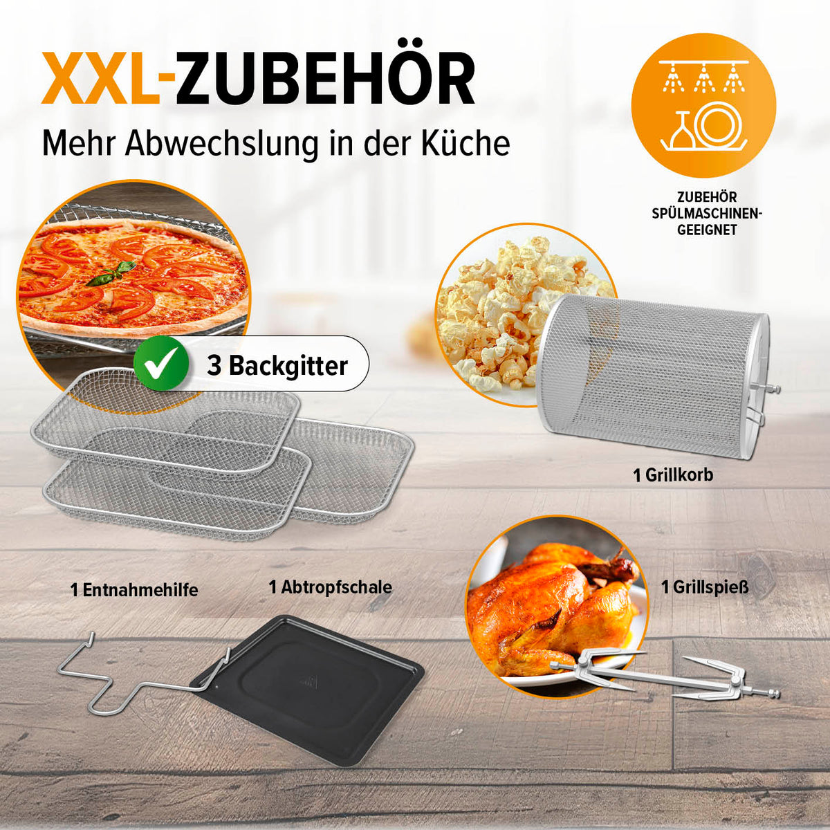 Digitale Heißluftfritteuse - 12 l - Schwarz mit XXL Zubehör Set bestehend aus Backgittern, Grillkorb, Grillspieß, Entnahmehilfe und Abtropfschale.