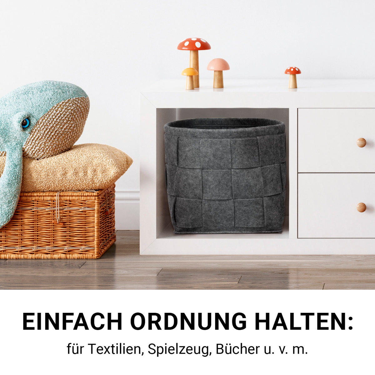 Filz-Aufbewahrungstasche L - 40 x 30 x 30 cm - Dunkelgrau, moderner, faltbarer Korb mit Tragegriffen für vielseitige Nutzung im Haushalt.