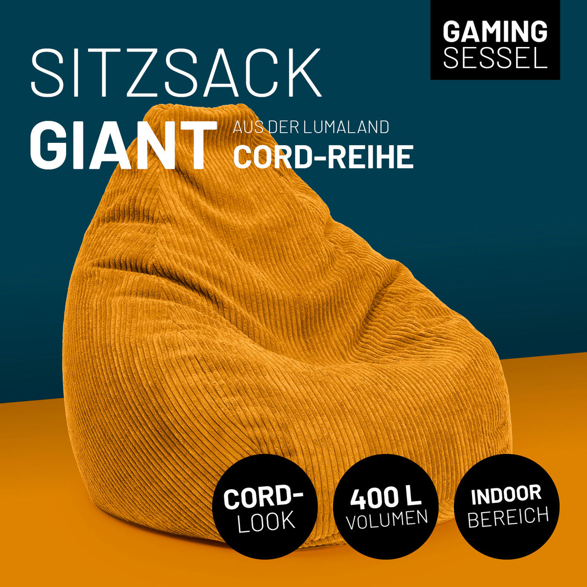 Sitzsack GIANT aus der Cord-Reihe - Senfgelb in 400L mit weichem Cordstoff, robust und waschbar für gemütliches Sitzen im Indoor-Bereich.