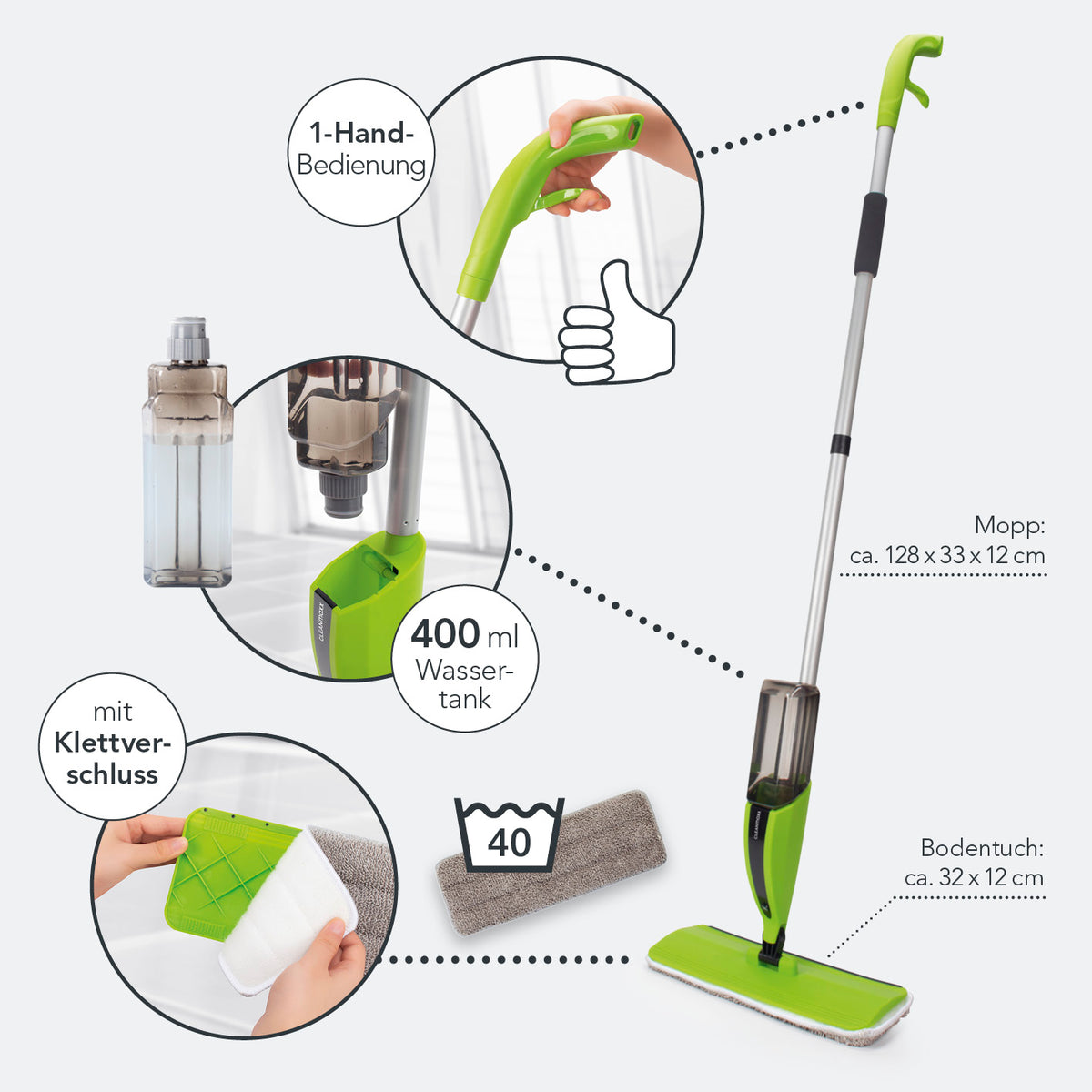 Spray-Mopp - limegreen/schwarz mit 400 ml Wassertank, 1-Hand-Bedienung und abnehmbarem, waschbarem Bodentuch mit Klettverschluss.