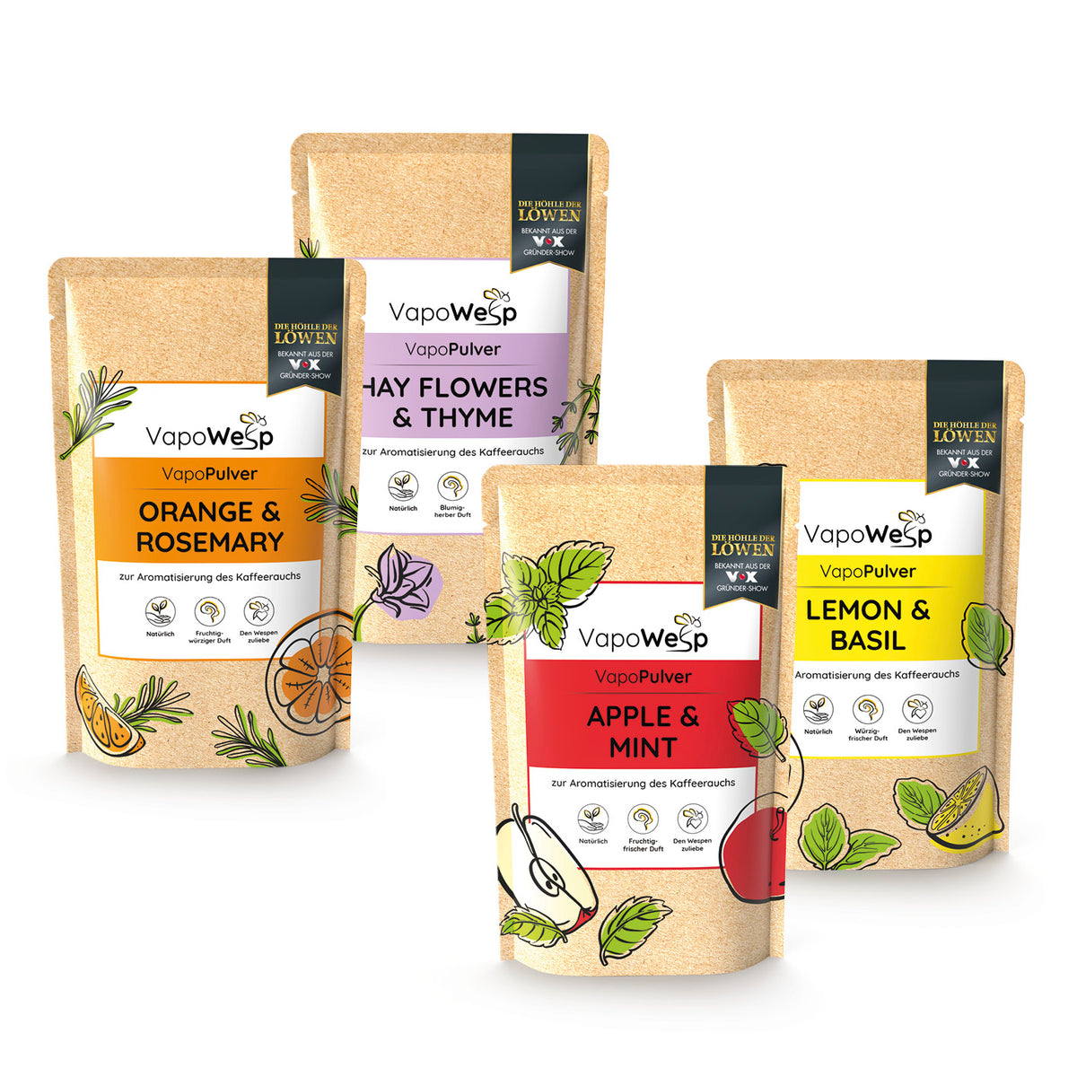Pulver-Set Orange & Rosemary + Lemon & Basil + Hay Flowers & Thyme + Apple & Mint zur Aromatisierung von Kaffee mit VapoWesp.