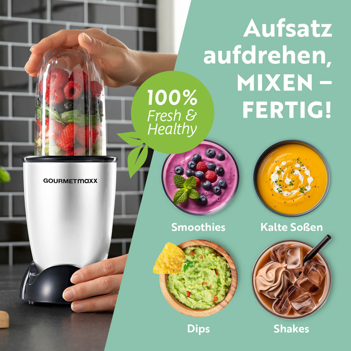 Mr. Magic Power 400 Pro mit Zubehörset L - Silber/Schwarz kompakter Standmixer für Smoothies, Dips, Shakes und kalte Soßen zuhause und unterwegs.