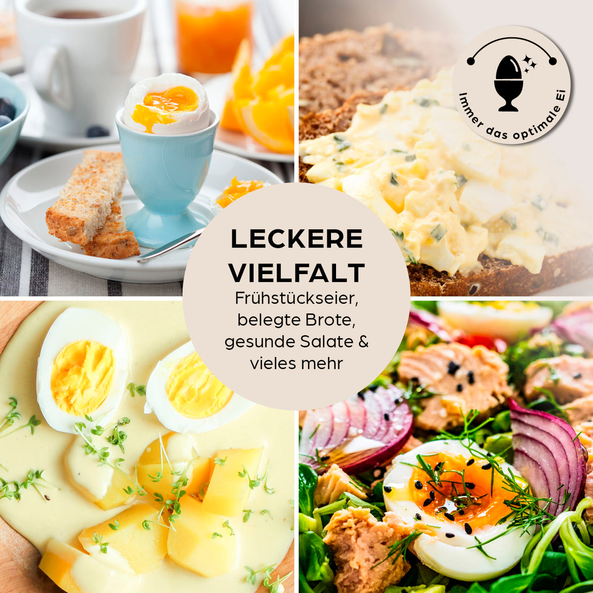 Design-Eierkocher 6 Eier - Weiß mit Variationen von Frühstückseiern, belegten Broten und Salaten für vielfältigen Genuss am Morgen.