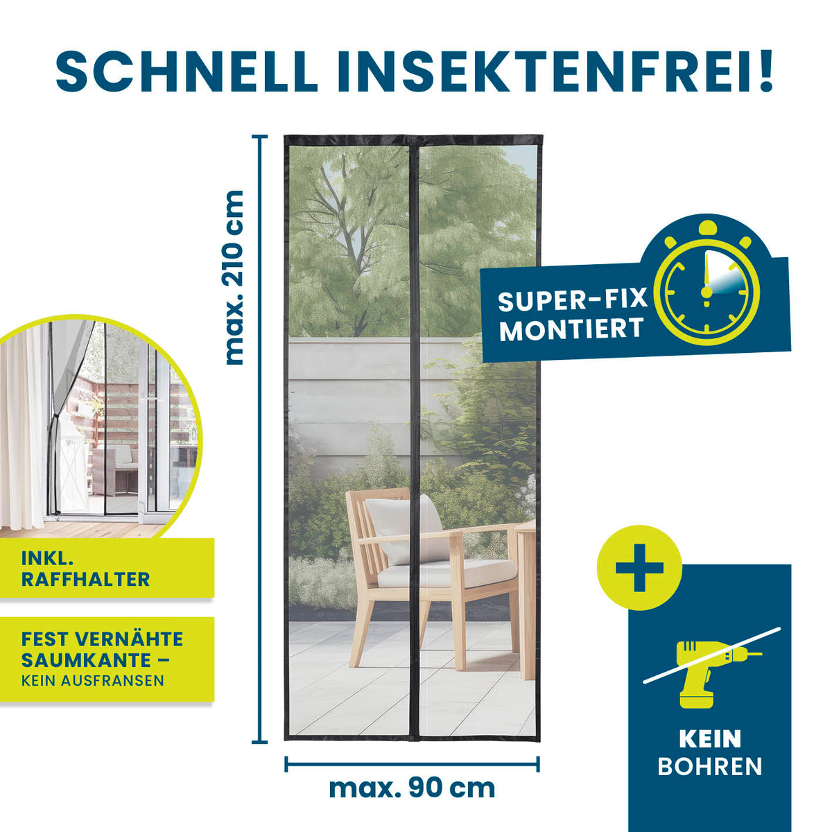 Insektenschutzvorhang - mit XXL-Magnetbändern - 90 x 210 cm, luftdurchlässig, strapazierfähig, montage ohne bohren, schützt vor Mücken und Fliegen.