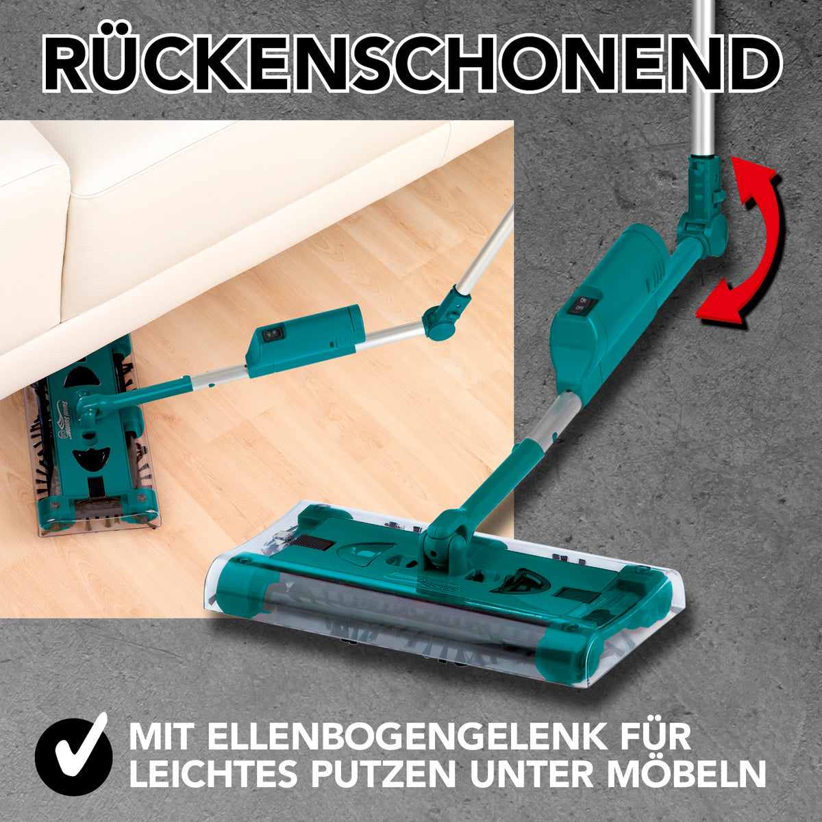 Akku-Besen Swivel Sweeper G2 + Ersatz-Akku zeigt ellbogengelenk für rückenschonendes und kabelloses Putzen unter Möbeln.