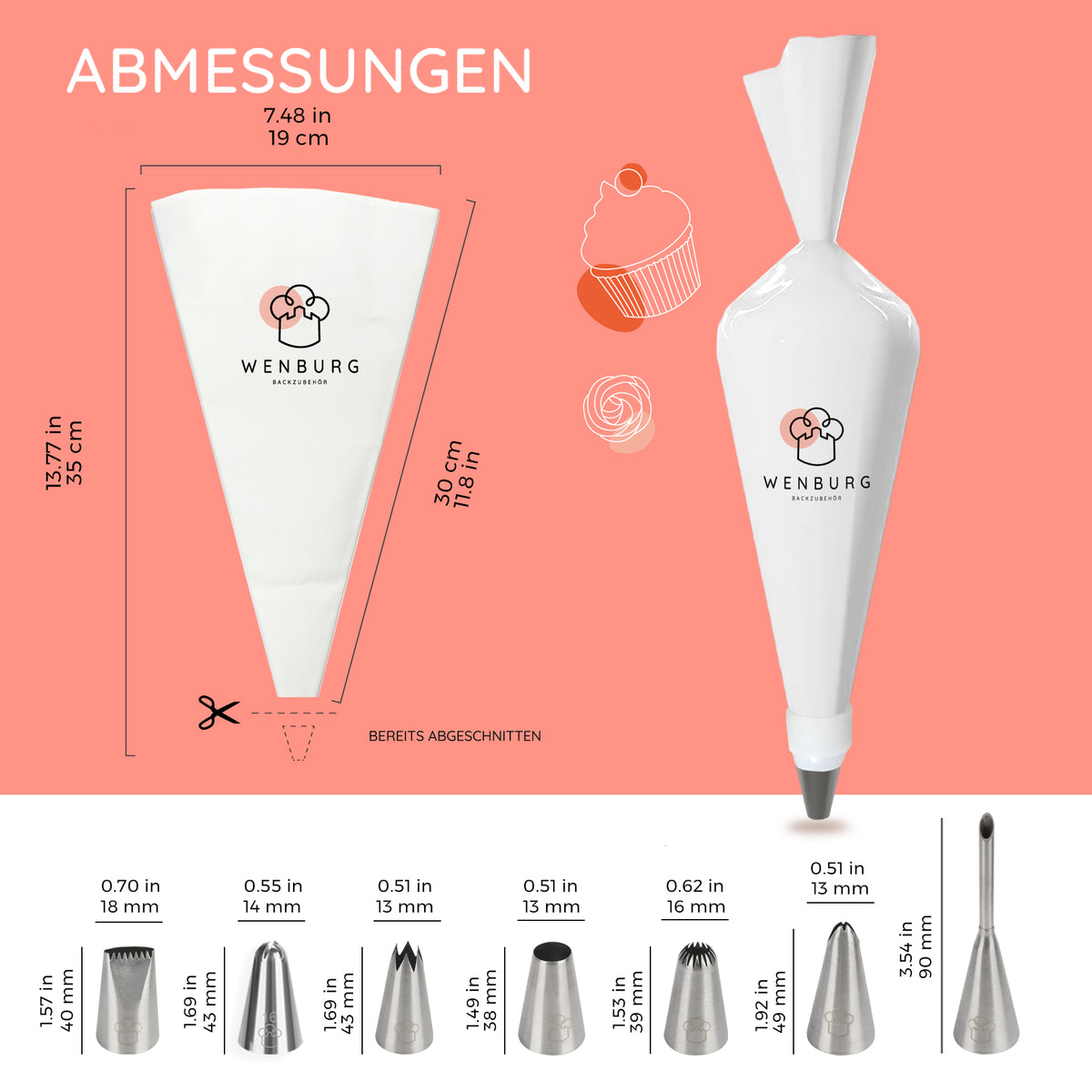 Spritzbeutel mit Tüllen - 12-tlg. Set mit 7 Edelstahltüllen, Baumwollbeutel 35 cm und Anleitung für perfektes Dekorieren.