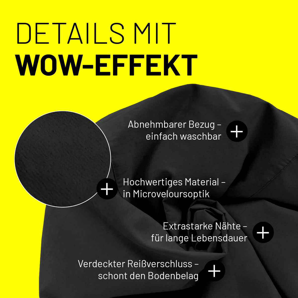 Luxury XL Sitzsack (120 L) - schwarz mit abnehmbarem, waschbarem Bezug aus hochwertigem Microvelours, extrastarken Nähten und verdecktem Reißverschluss.