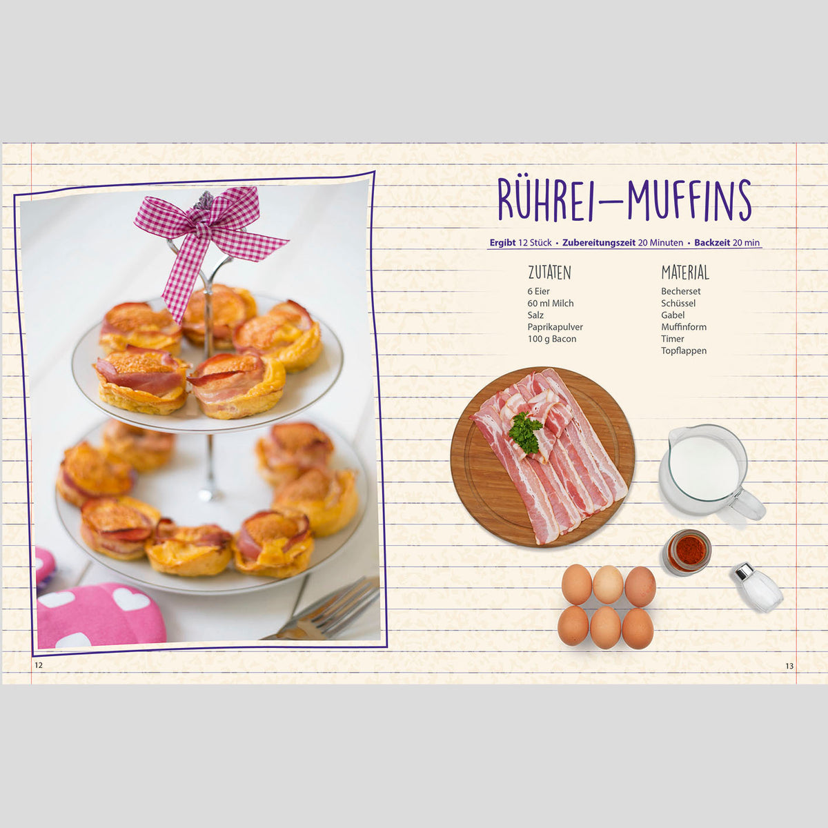 Rezeptbuch inkl. Messbecher-Set - Band 4 - Kleine Gerichte ganz groß! zeigt Rezept und Zutaten für Rührei-Muffins.