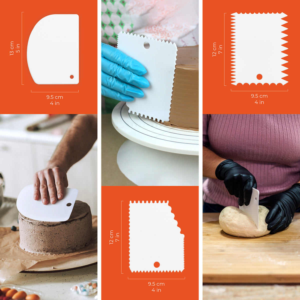 Tortendeko-Set zum Backen & Verzieren mit verschiedenen Teig- und Torten-Schabern für glatte und strukturierte Oberflächen.