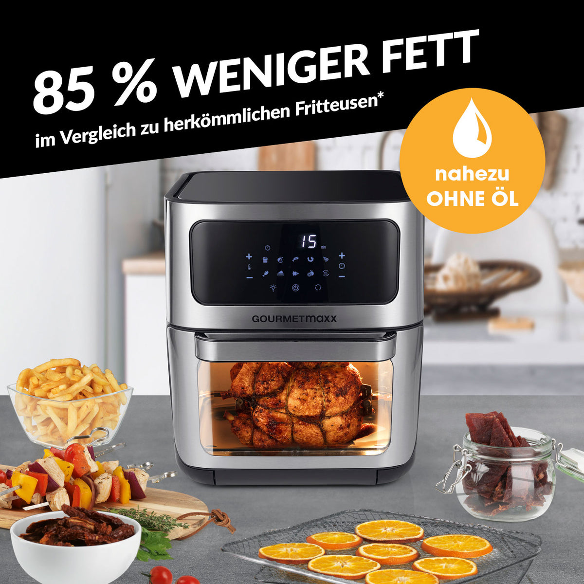 Heißluft-Ofen Digital mit Sichtfenster - 12l für fettarmes Garen mit Heißluft, Grill, Fritteuse und digitalem Touchdisplay.