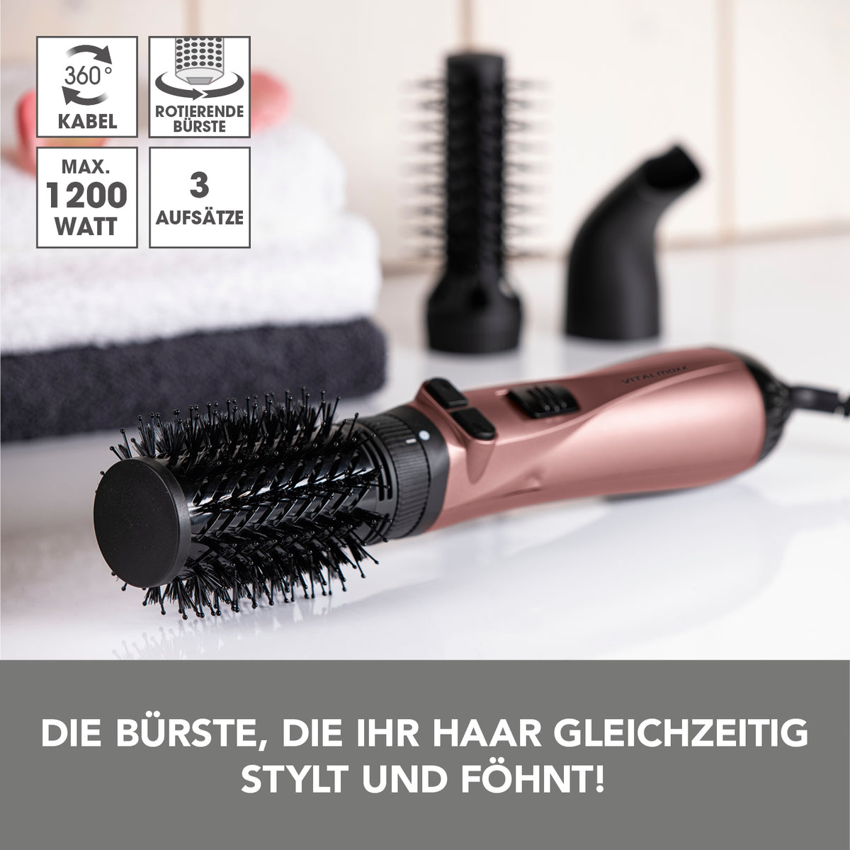 Stylingbürste - 3 Aufsätze - anthrazit/rosegold mit 2 drehbaren Styling-Aufsätzen, Trockner-Aufsatz und 360° Kabel.