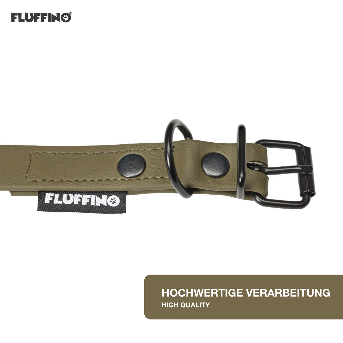 Hundehalsband aus BioThane - 5-Fach verstellbare - Größe L - Halsumfang 44-54 cm - wasserfest, vegan, olivgrün, FLUFFINO