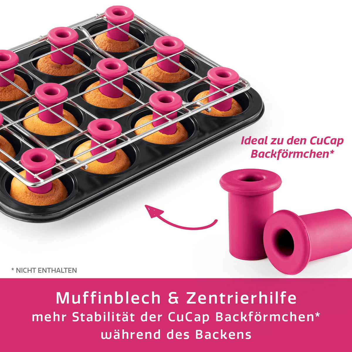 Backblech mit Zentrierhilfe für Muffins & Cupcakes mit stabiler Fixierung der CuCap Backförmchen für gleichmäßiges Backen.