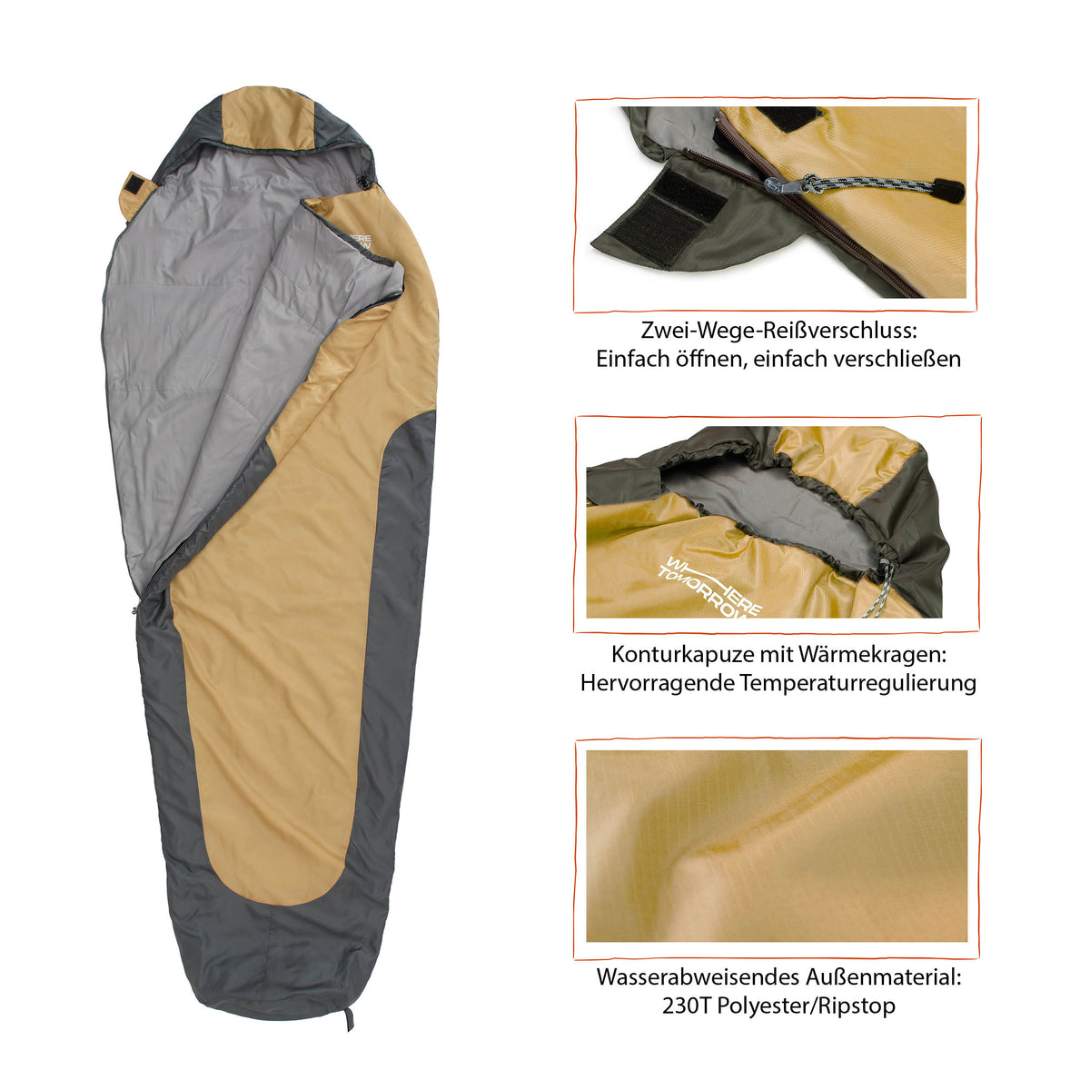Camping Schlafsack Small & Light Mumienschlafsack curry-grau mit wasserabweisendem Material, Konturkapuze, Wärmekragen und Packsack.