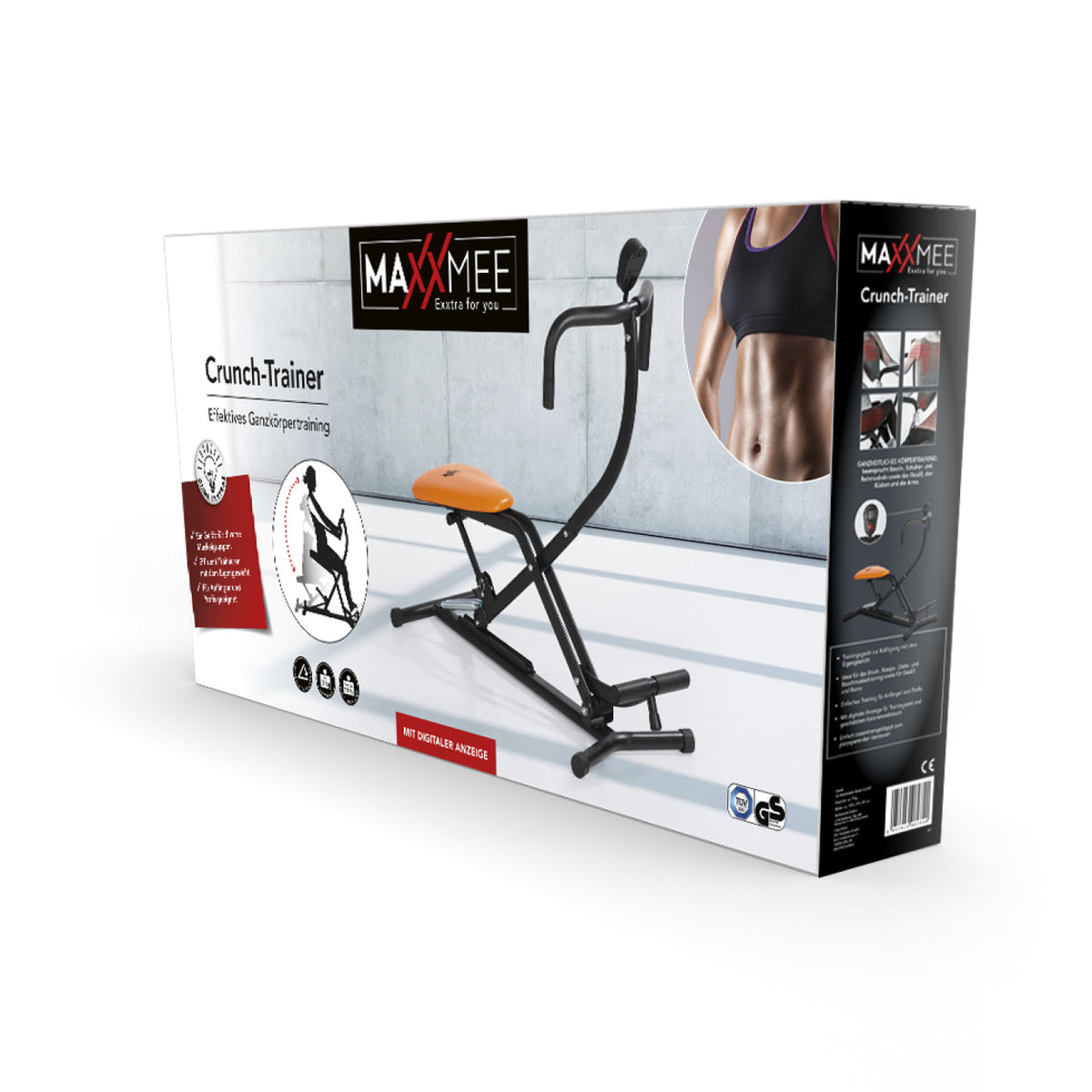 Trainingsgerät Crunch & Glide zur Kräftigung von Brust, Bizeps, Bauch mit digitaler Anzeige, platzsparend zusammenklappbar.