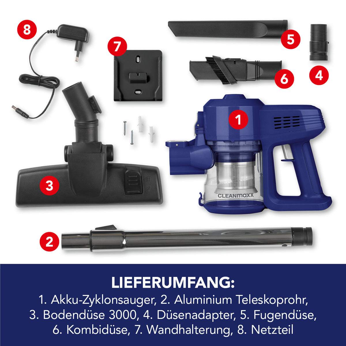 Akku-Zyklon-Staubsauger - blau/silber mit Aluminium-Teleskoprohr, Bodendüse, Fugendüse, Kombidüse, Wandhalterung und Netzteil.