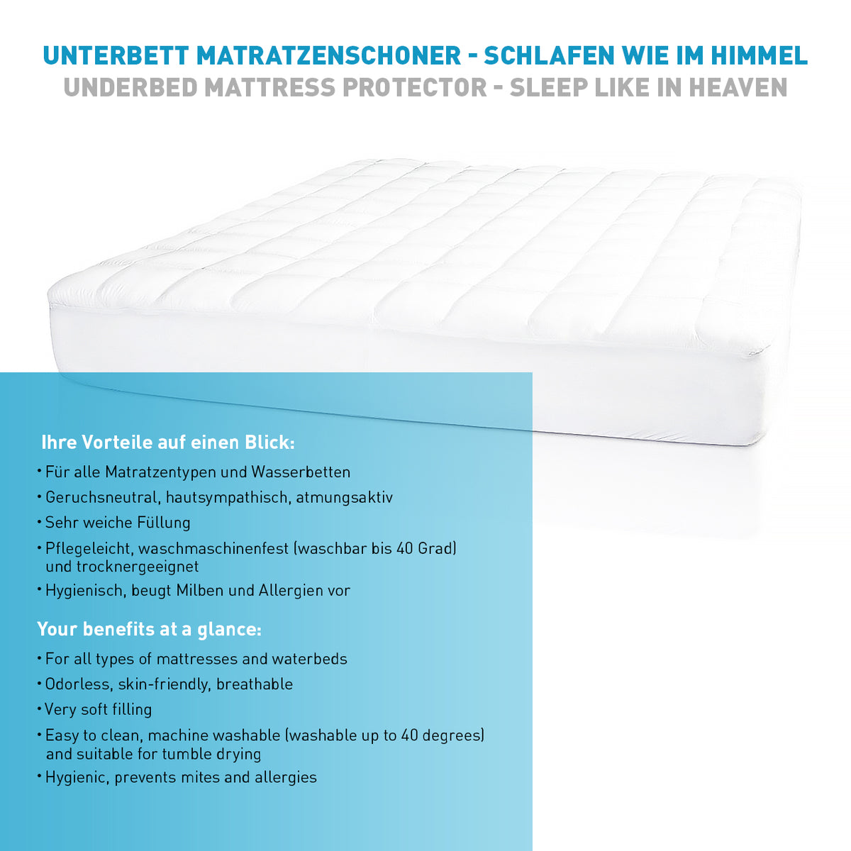 Comfort Line Matratzenauflage / Matratzenschoner / Soft-Topper 200x200 cm Weiß, atmungsaktiv, hygienisch, waschbar bis 40 Grad.