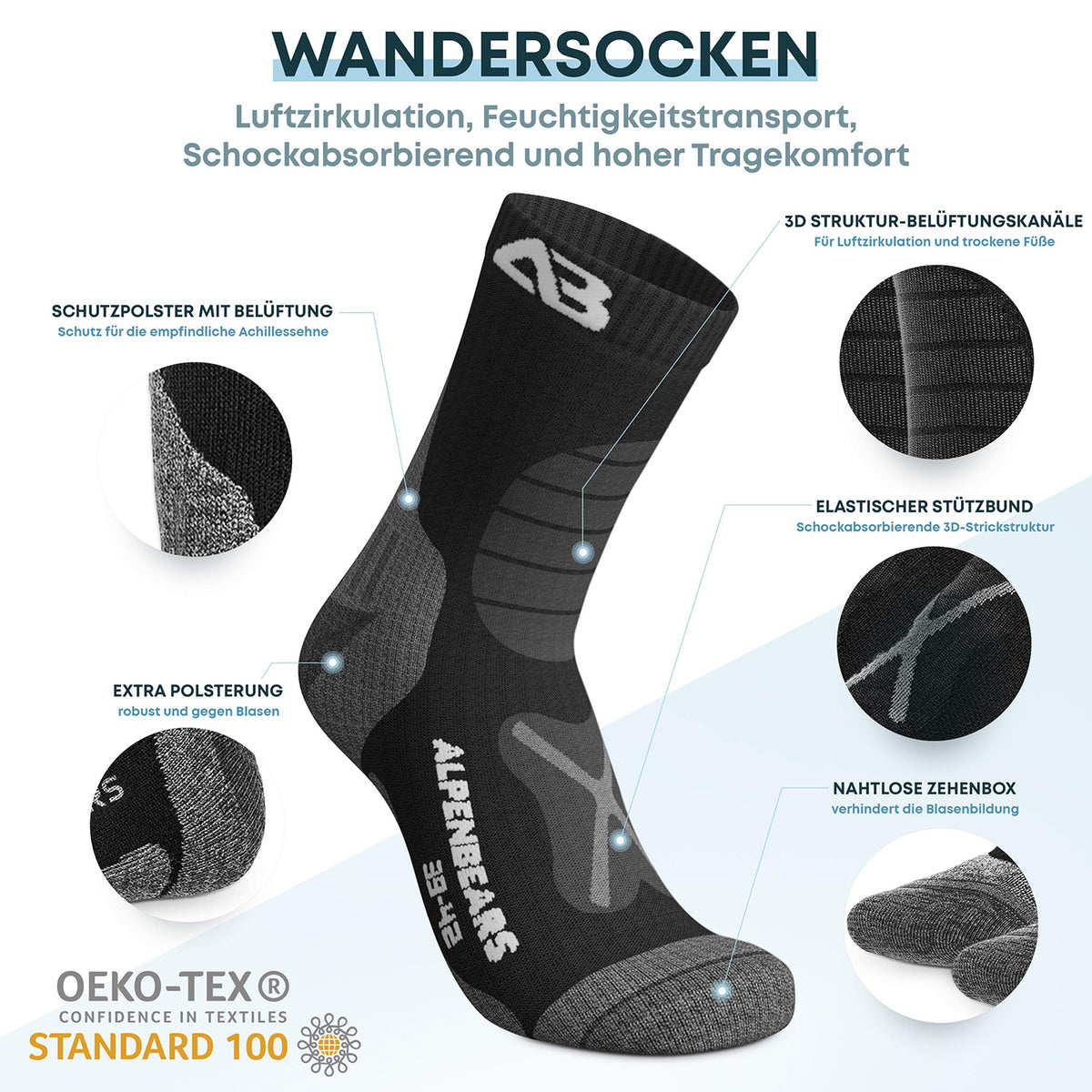 Wandersocken Merinowolle - 2er-Set - Schwarz - Größe 43-48 mit Polsterung, Belüftung und nahtloser Zehenbox für hohen Tragekomfort.