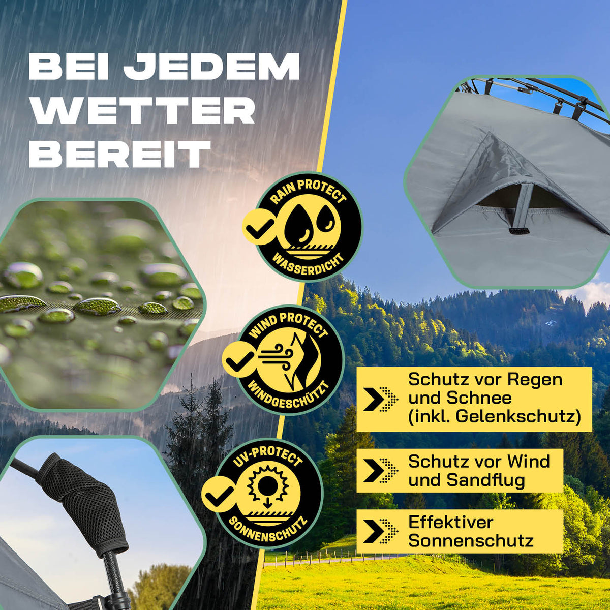 Pop-up-Duschzelt für 2 Personen - grün/grau mit Schutz vor Regen, Schnee, Wind, Sandflug und effektivem Sonnenschutz.