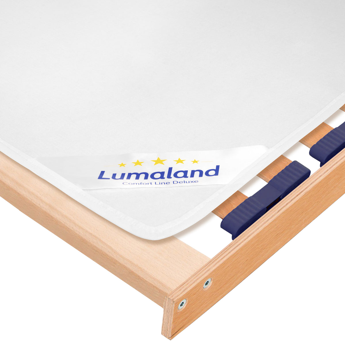 Filzschoner für Lattenrost - Matratzenunterlage - Matratzenschoner - 200 x 200 cm auf Lattenrost mit Lumaland-Logo gelegt