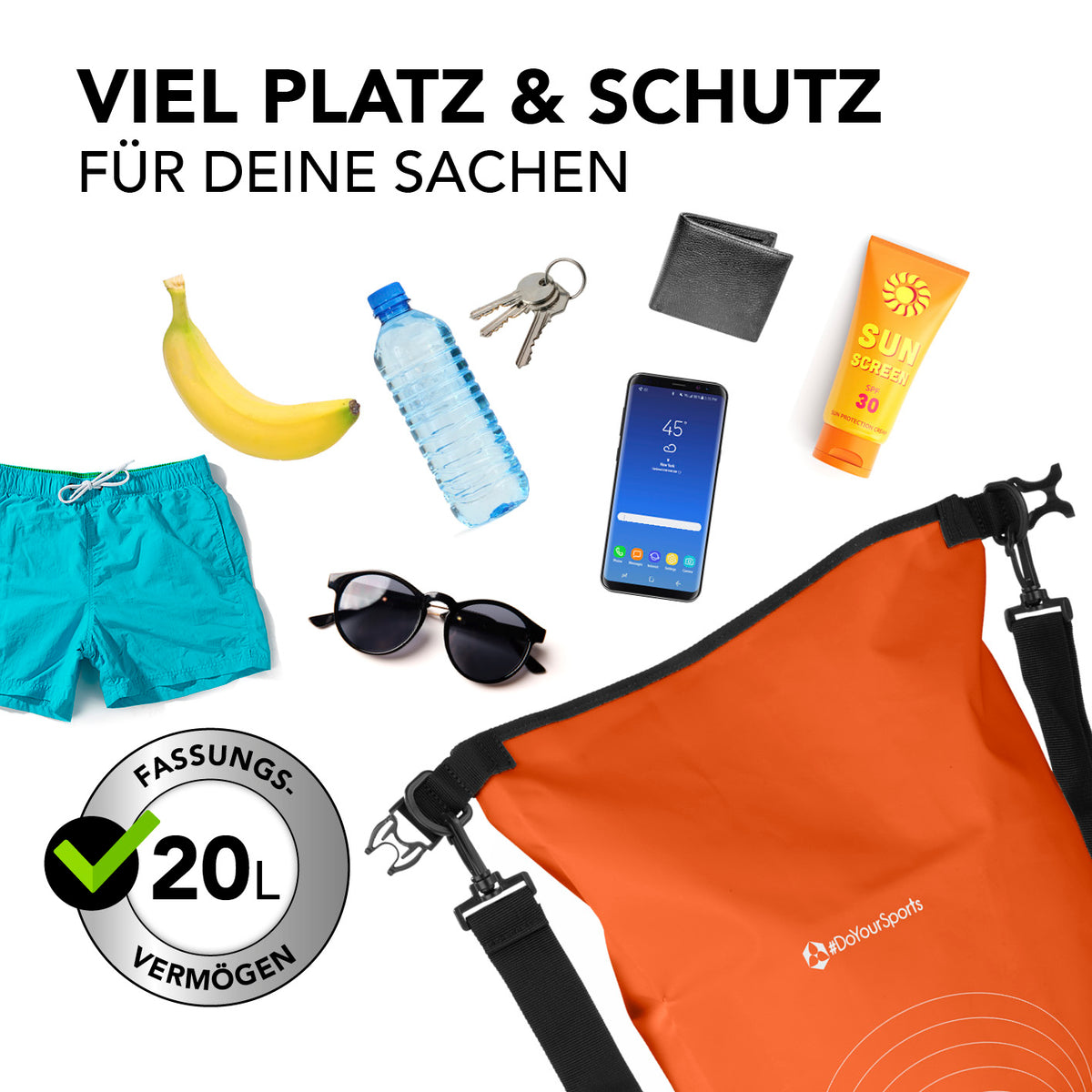 Dry Bag 20L - Orange, wasserfester und robuster Outdoor-Rucksack mit 20L Volumen und praktischem Rolltop-Verschluss.