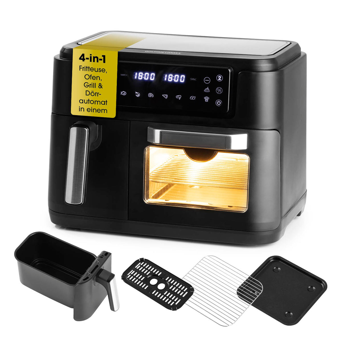 4-in-1-Heißluftfritteuse mit Touchdisplay, 10 Programmen zum Frittieren, Grillen, Backen, Dörrofen und synchronisiertem Garen.