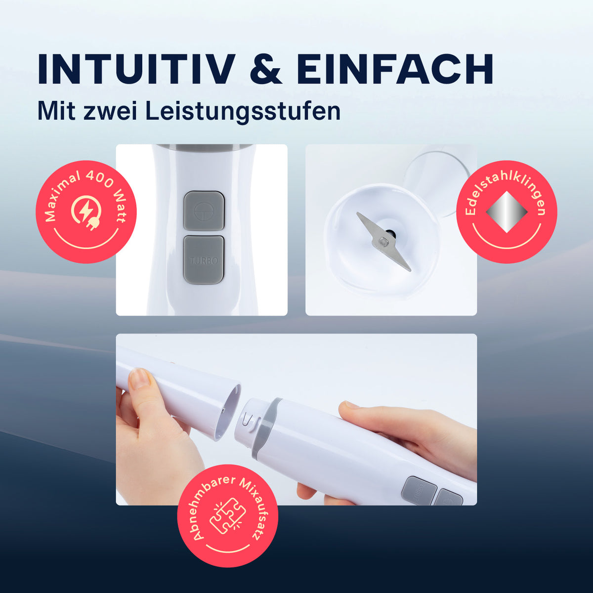 Stabmixer mit Messbecher - weiß/grau mit abnehmbarem Mixaufsatz, zwei Leistungsstufen und stabiler Edelstahlklinge, 700 ml Fassungsvermögen.