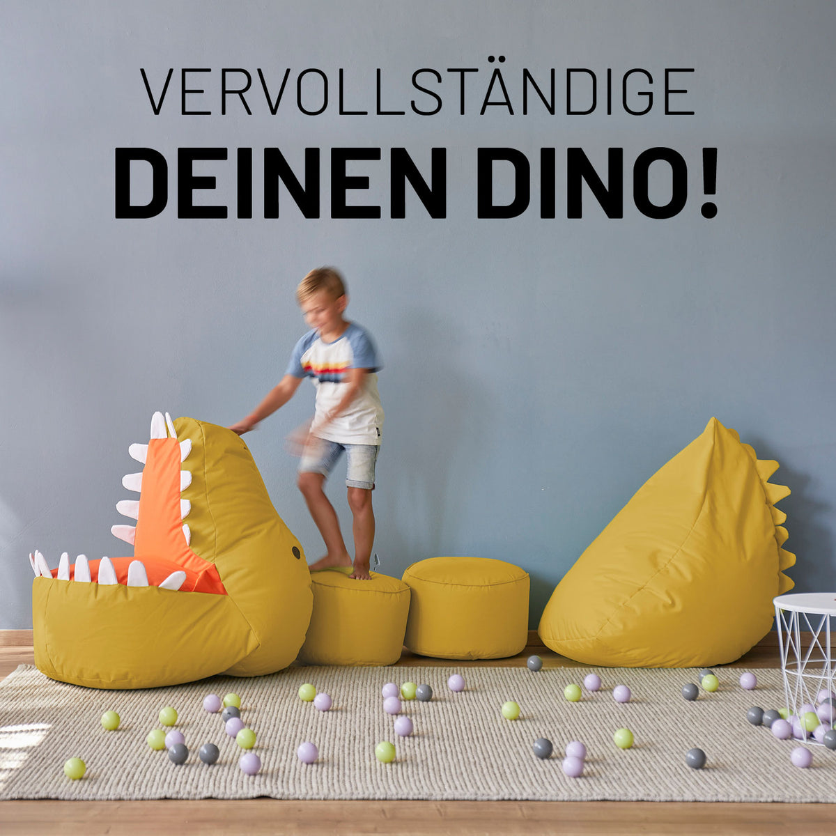 Kindersitzsack Animal Line Dino (270 L) in Senfgelb, wasserabweisend, kuschelig und robust für drinnen und draußen.