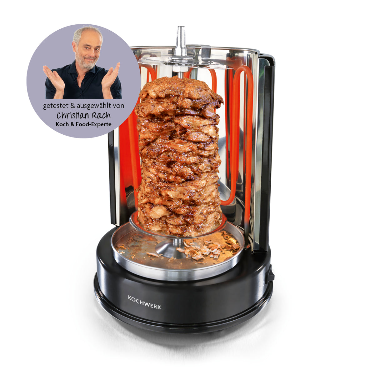 Dönergrill - Schwarz mit 360° Rotation, großem Mittelspieß und praktischer Fettauffangschale für saftiges Dönerfleisch.