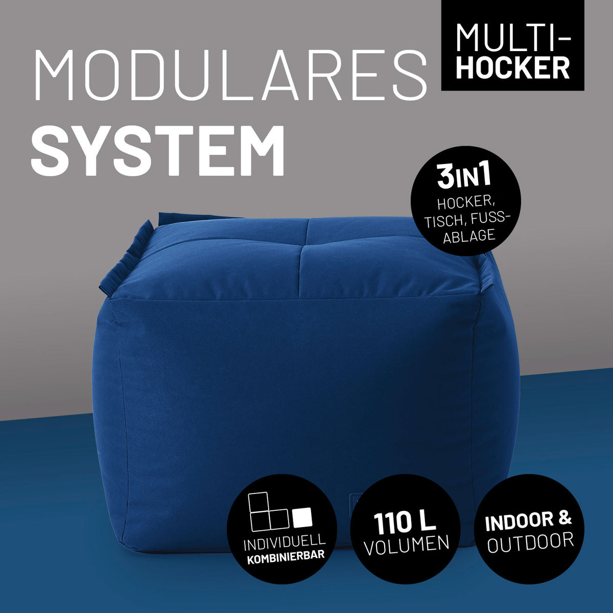 Sitzsack-Hocker (200 L) Navyblau, modulares System, 3-in-1 Funktion, indoor & outdoor, mit abwischbarem Bezug und verdeckten Reißverschlüssen.
