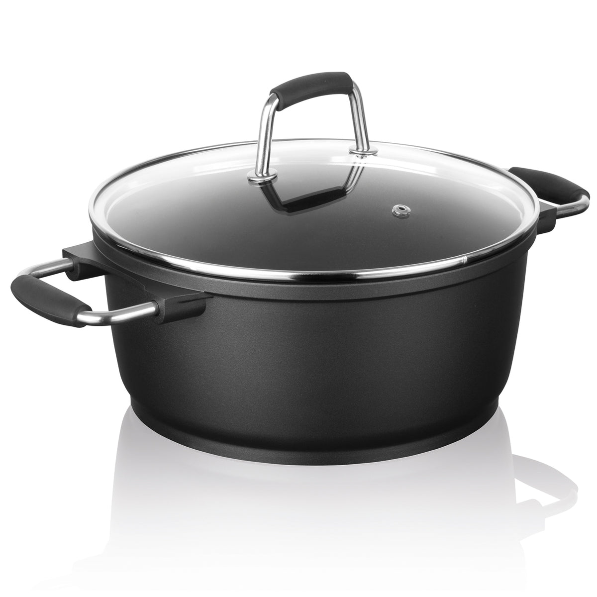 Aluguss-Kochtopf, 20 cm mit Glasdeckel, 2-facher Greblon Antihaftbeschichtung, robust, langlebig und kratzunempfindlich.