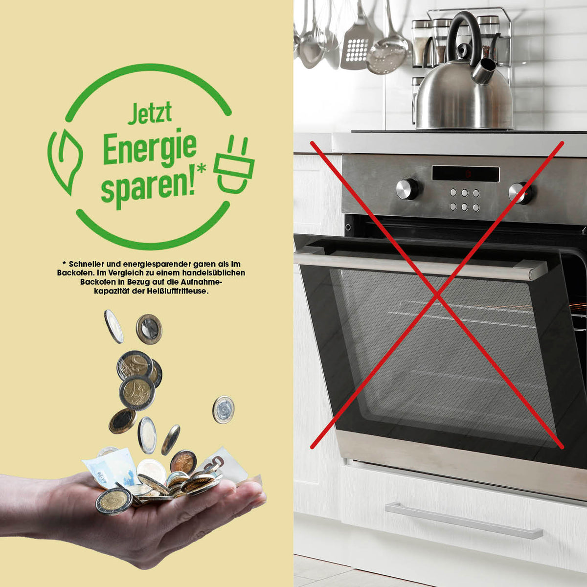 4-in-1-Heißluftfritteuse ersetzt herkömmlichen Ofen, spart Energie und Geld durch schnelles und effizienteres Garen.