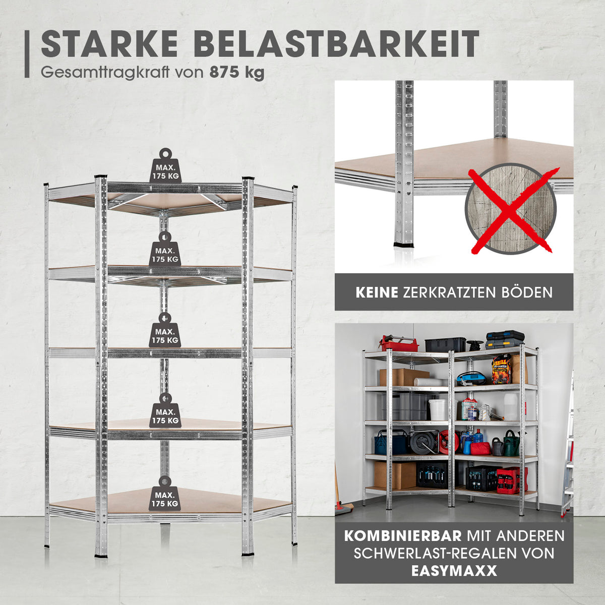 Schwerlast-Eckregal & Werkbank - 180 x 90 x 40 cm - 875 kg Traglast, 175 kg pro Ebene, robuste Metallkonstruktion, bodenschonend, kombinierbar