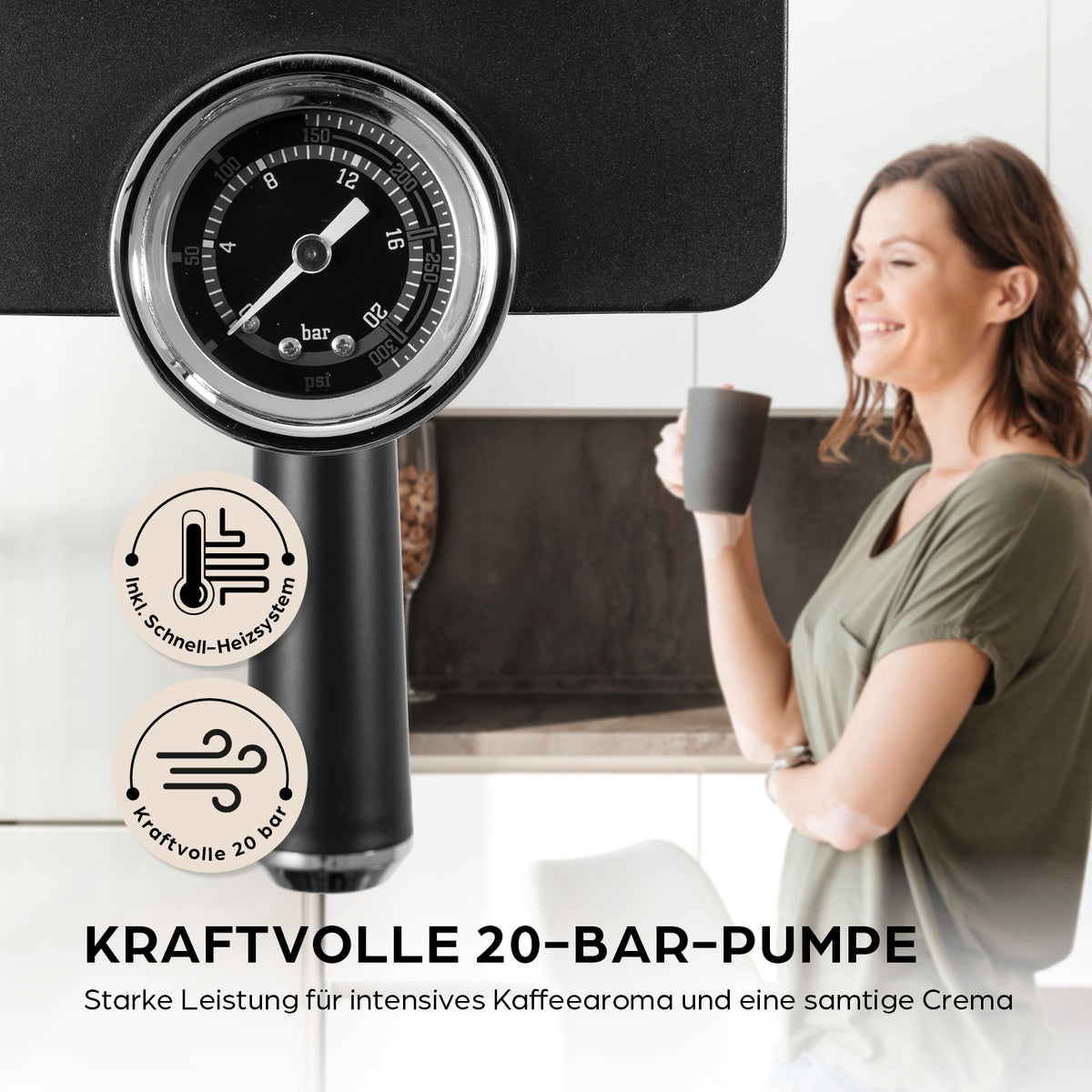 Manometer der Siebträgermaschine Espresso Slim - 20 bar mit 20-bar-Pumpe für perfekten Espressodruck und cremigen Kaffee