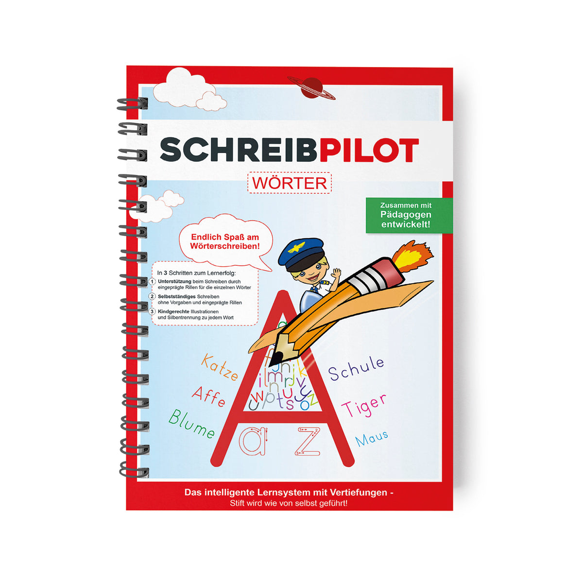 Heft Wörter mit Bleistift/Radiergummi - DIN-A4 zeigt Lernheft für kindgerechtes Schreiben mit Rillen und pädagogischer Unterstützung.