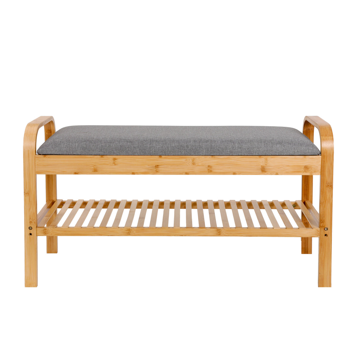 Schuhregal aus Bambus mit Sitzbank - 90 x 50 x 30 cm - Grau, mit gepolstertem Sitz und Ablagefläche für Schuhe.