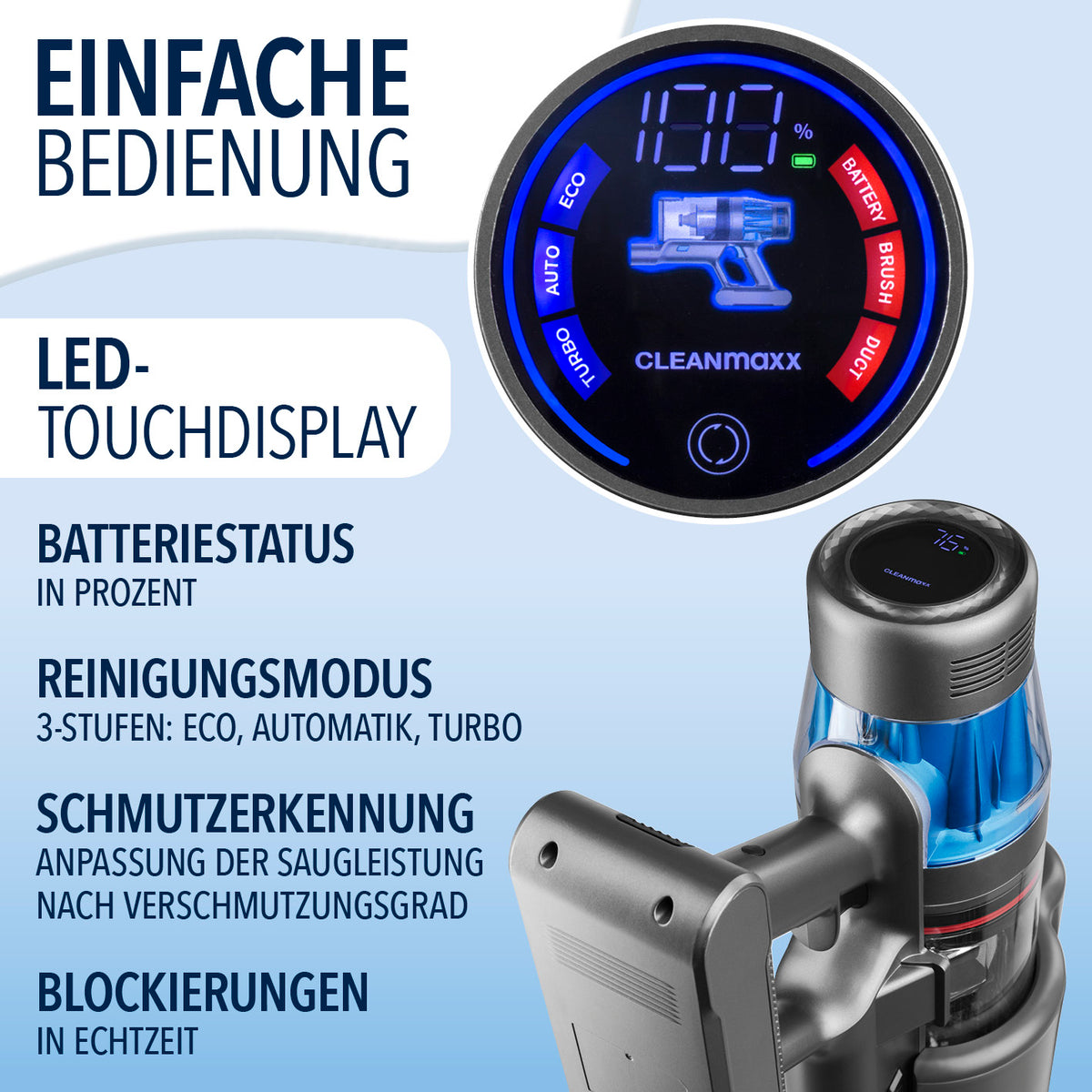 AeroTech 500 Staubsauger mit Absaugstation – LED-Touchdisplay zeigt Akku, Modus, Schmutzerkennung und Blockierungen in Echtzeit.