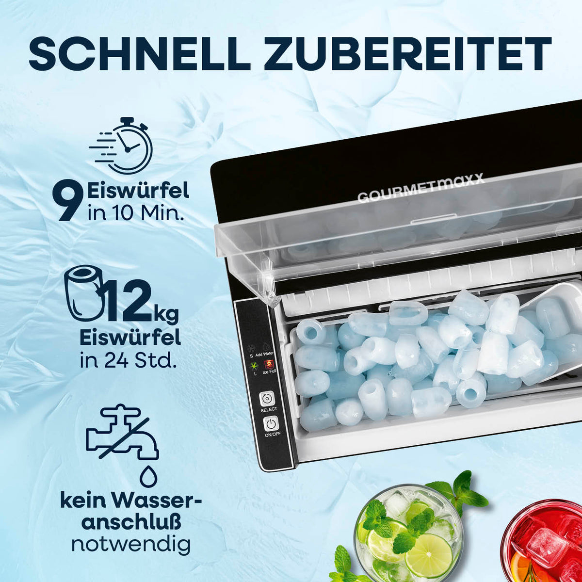 Eiswürfelmaschine inkl. Auffangbehälter & Eisschaufel mit 9 Eiswürfeln in 10 Min., 12 kg/24 Std., ohne Wasseranschluss.