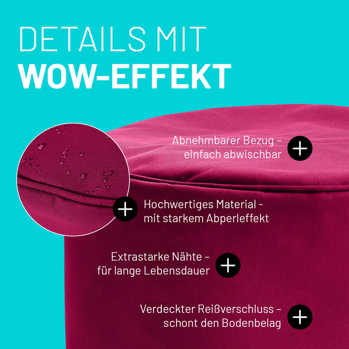 Sitzsack-Hocker/Pouf (50 L) - indoor & outdoor - Rotwein, abnehmbar, abperlend, extrastarke Nähte, verdeckter Reißverschluss, langlebig.