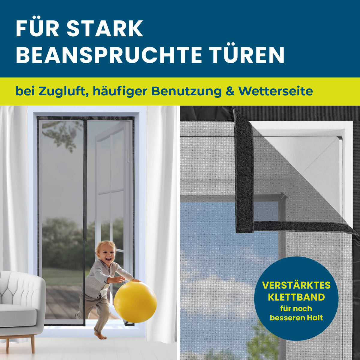Insektenschutzvorhang - mit XXL-Magnetbändern - 100 x 210 cm, strapazierfähig, luftdurchlässig, verstärkter Klettverschluss für stark beanspruchte Türen.