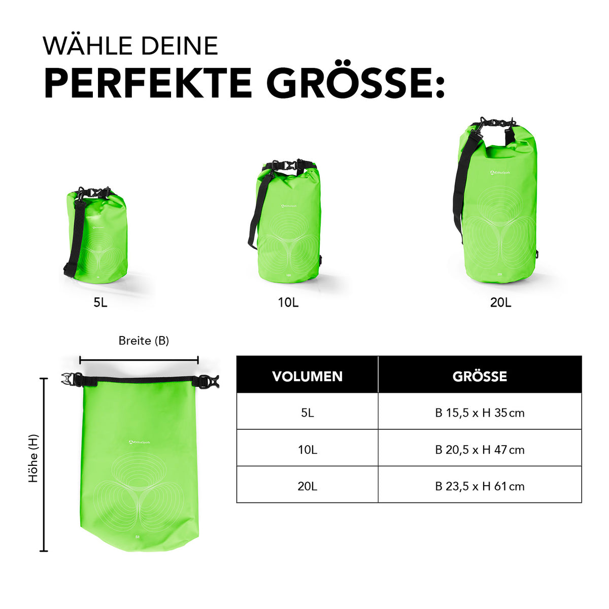Dry Bag 10L - Grün, wasserdichter Outdoor-Rucksack mit verstellbarem Schultergurt und robustem Rolltop-Verschluss.