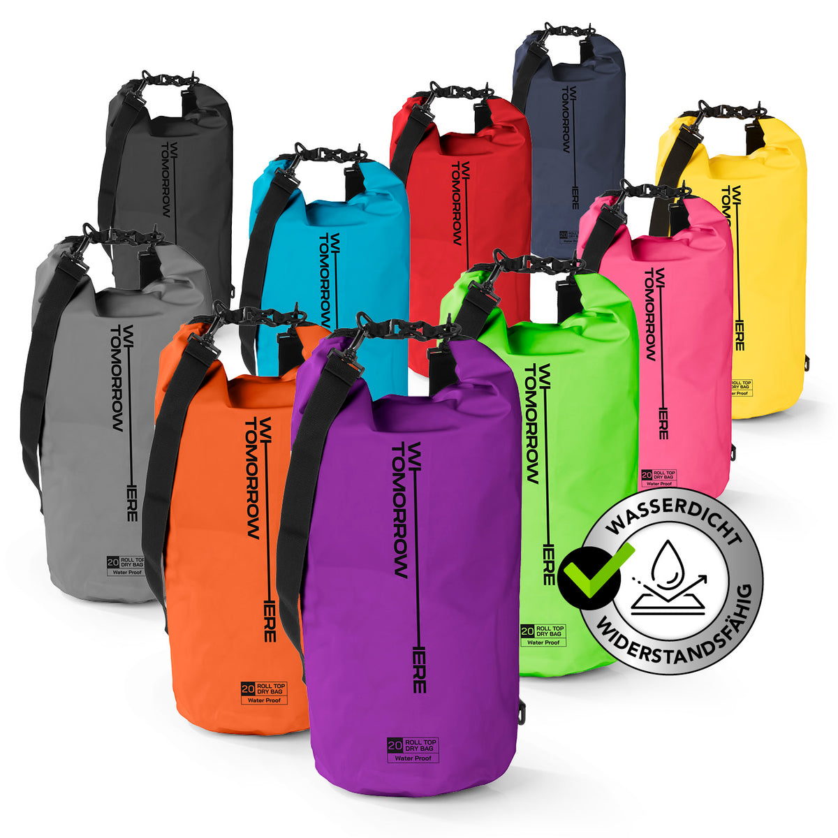 Dry Bag 20L - Style 02 - Lila wasserdichter, robuster Outdoor-Rucksack mit verstellbarem Schultergurt und Rolltop-Verschluss.