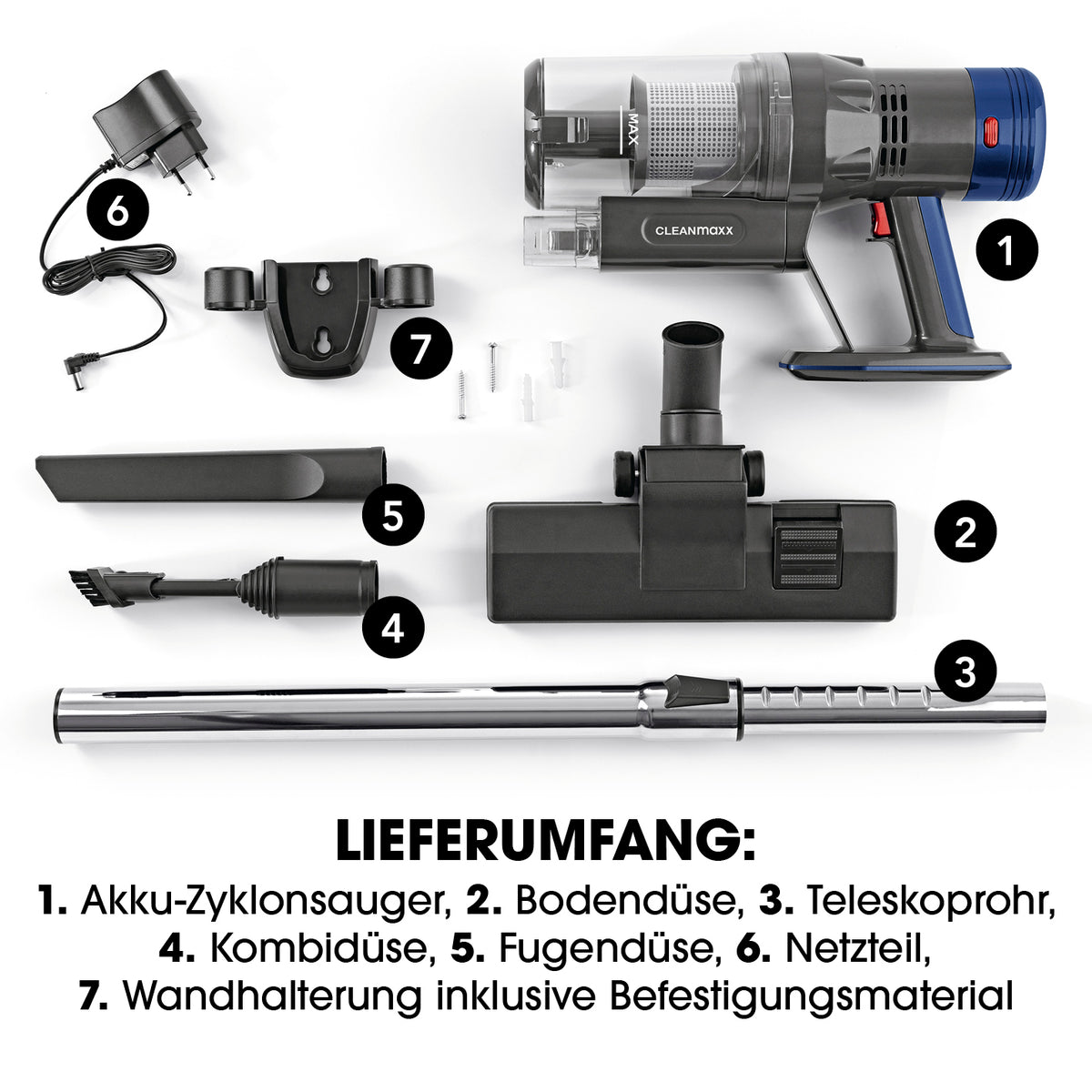 Kabelloser Hand- und Bodenstaubsauger mit Zyklontechnologie - anthrazit/blau, mit Zubehör und Teleskoprohr bis 78 cm.