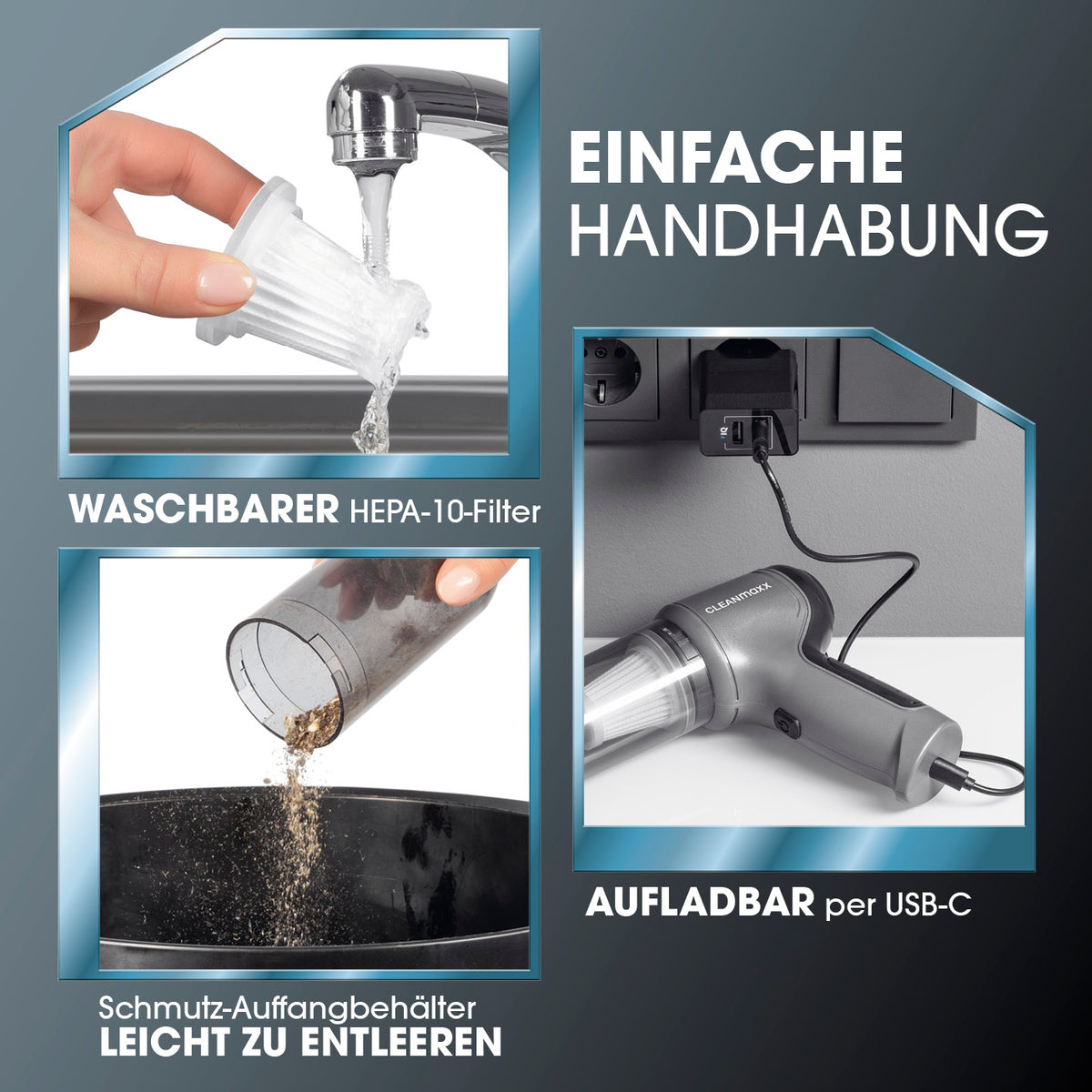 3-in-1-Akkusauger mit waschbarem HEPA-10-Filter, leicht entleerbarem Schmutzbehälter und USB-C aufladbar für einfache Handhabung.