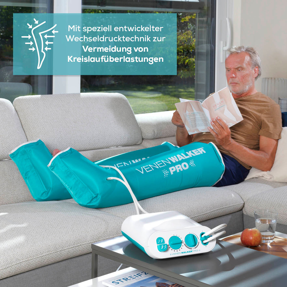 Therapiegerät VenenWalker Pro2 mit Wechseldrucktechnik zur Entstauung der Beine und Verbesserung des venösen Rückstroms.