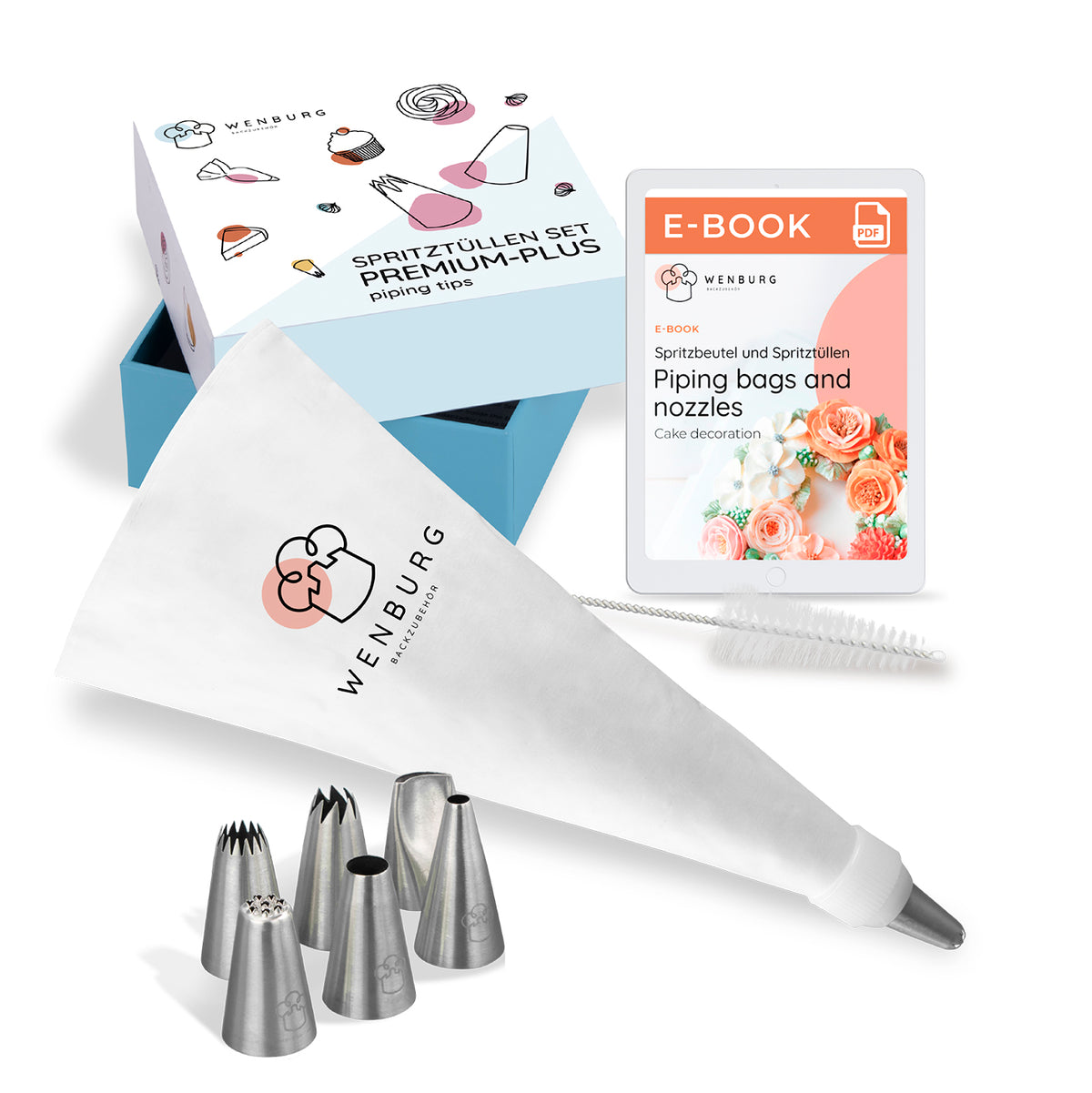 Spritzbeutel-Set - 11 tlg. mit 7 Edelstahltüllen, wiederverwendbarem Baumwollbeutel und E-Book zur Kuchendekoration.