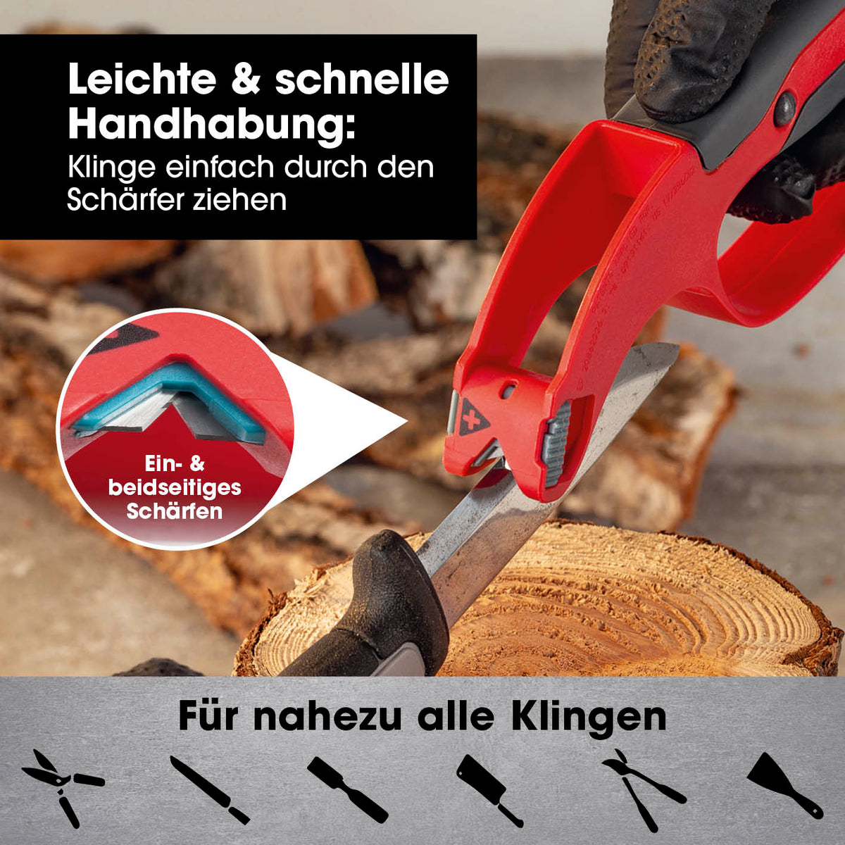 Klingenschärfer und Schärfeinsätze - für Messer, Werkzeug, Gartengeräte mit einfacher Handhabung und einseitigem Schärfen.