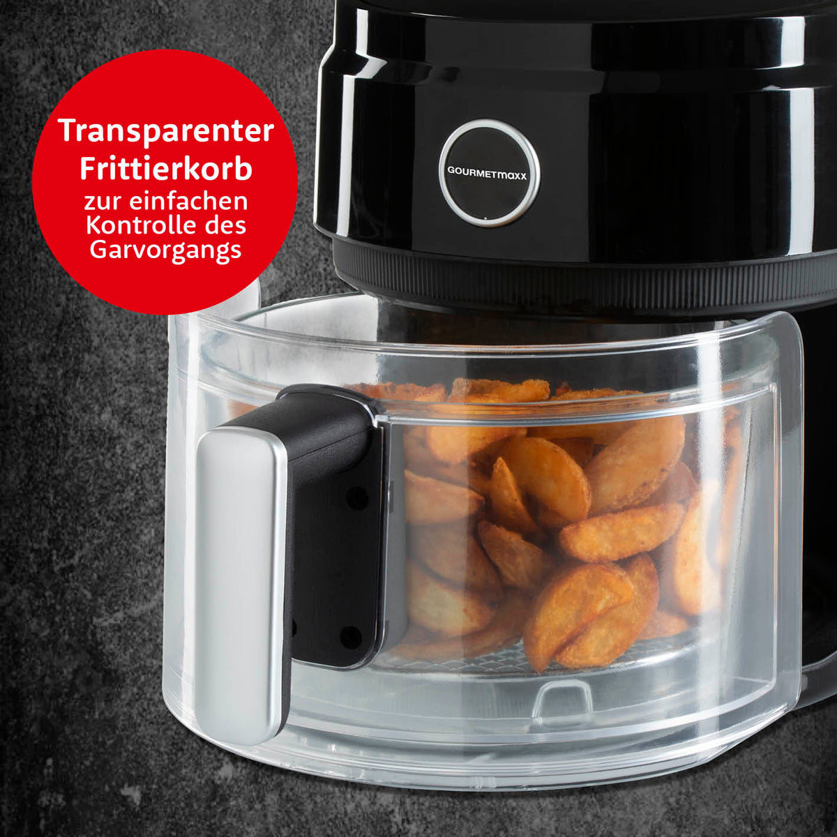 Heißluft-Fritteuse Digital mit Glas-Garkorb 3,3 l schwarz mit transparentem Korb für einfache Sichtkontrolle beim Garen.