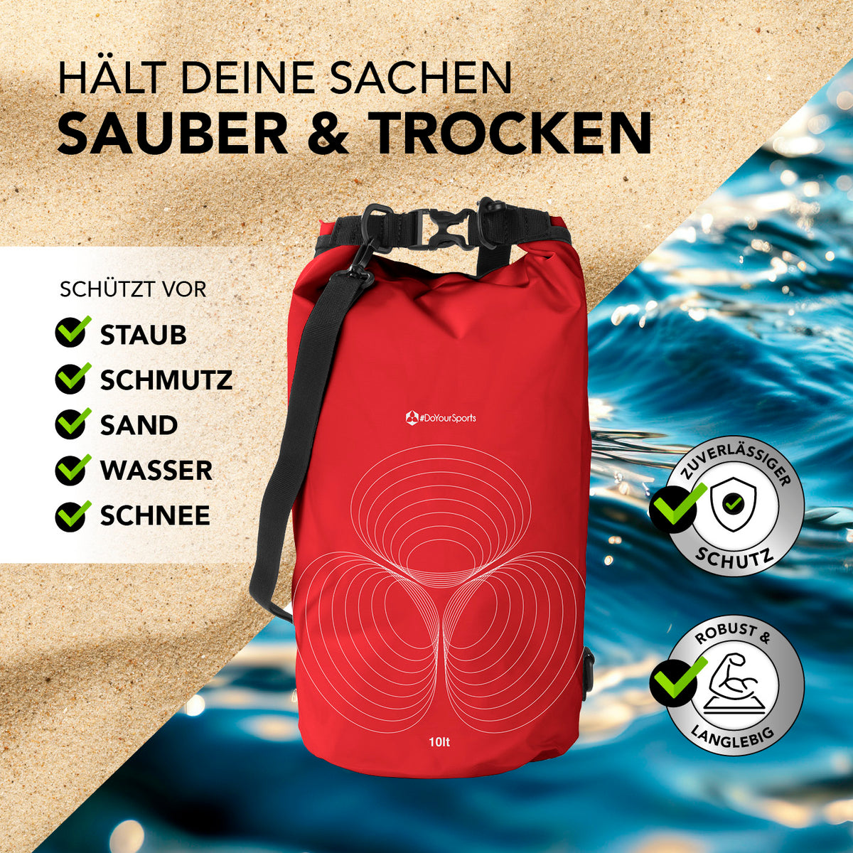 Dry Bag 10L - Rot wasserdichter, robuster Rucksack mit Rolltop-Verschluss zum Schutz vor Staub, Wasser, Sand und Schnee.