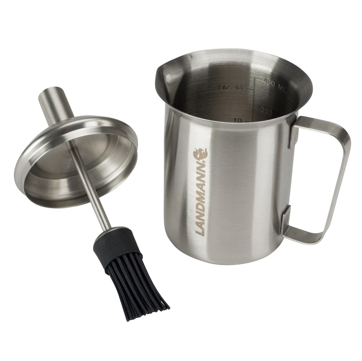 Selection Saucentopf aus Edelstahl und Silikon, ideal für Grillmarinaden und Saucen beim Grillen, praktische Anwendung bei Hitze.